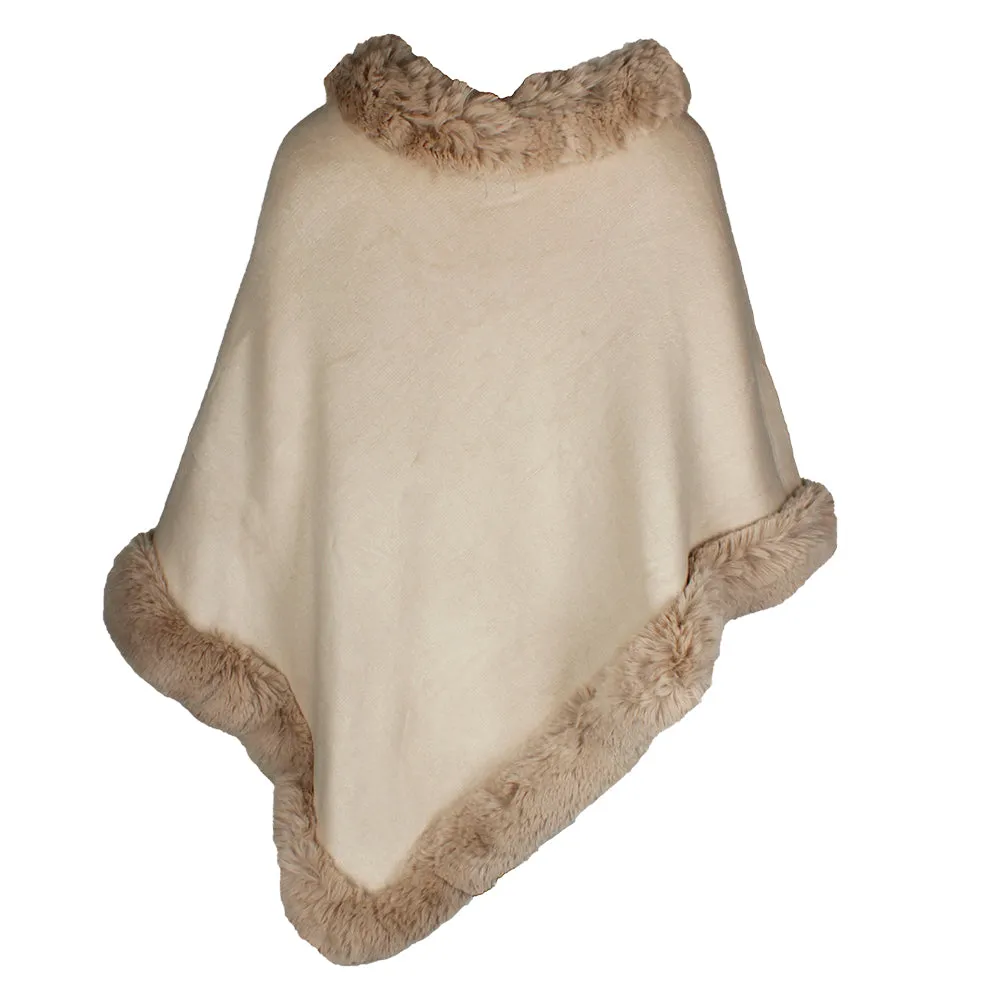 Very Moda Women's Trimmed Faux Fur V Shaped Knitted Poncho No Size