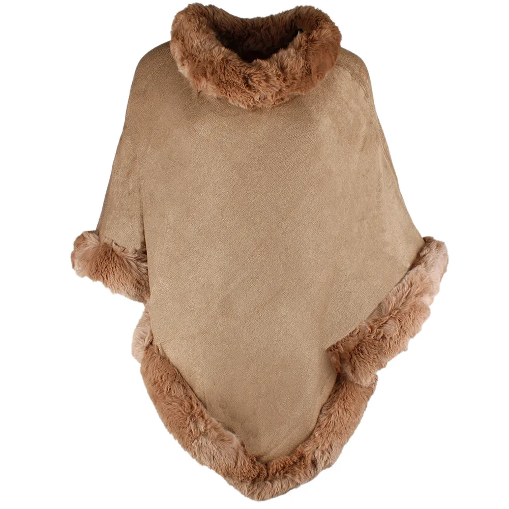 Very Moda Women's Trimmed Faux Fur V Shaped Knitted Poncho No Size