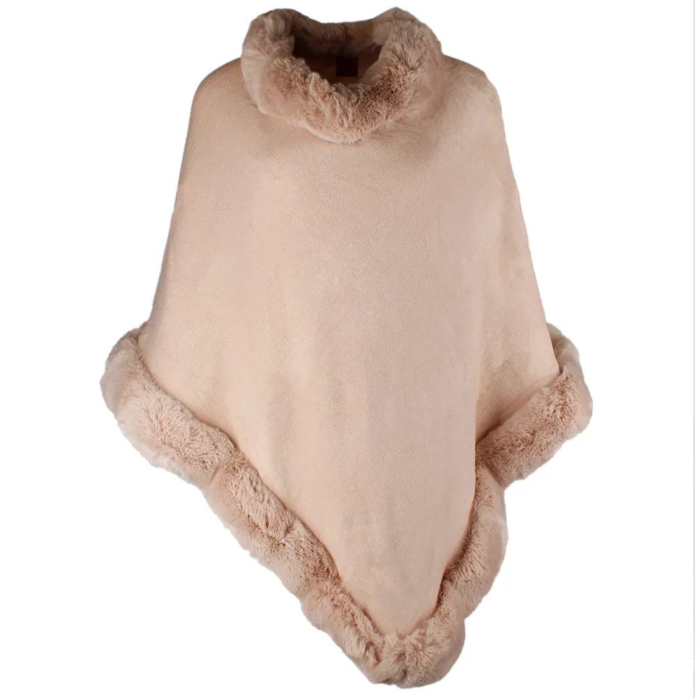 Very Moda Women's Trimmed Faux Fur V Shaped Knitted Poncho No Size