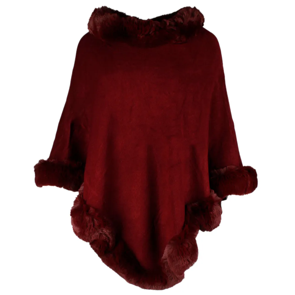 Very Moda Women's Trimmed Faux Fur V Shaped Knitted Poncho No Size