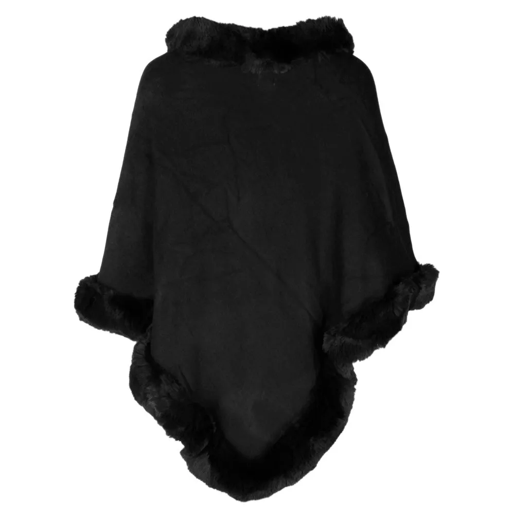 Very Moda Women's Trimmed Faux Fur V Shaped Knitted Poncho No Size