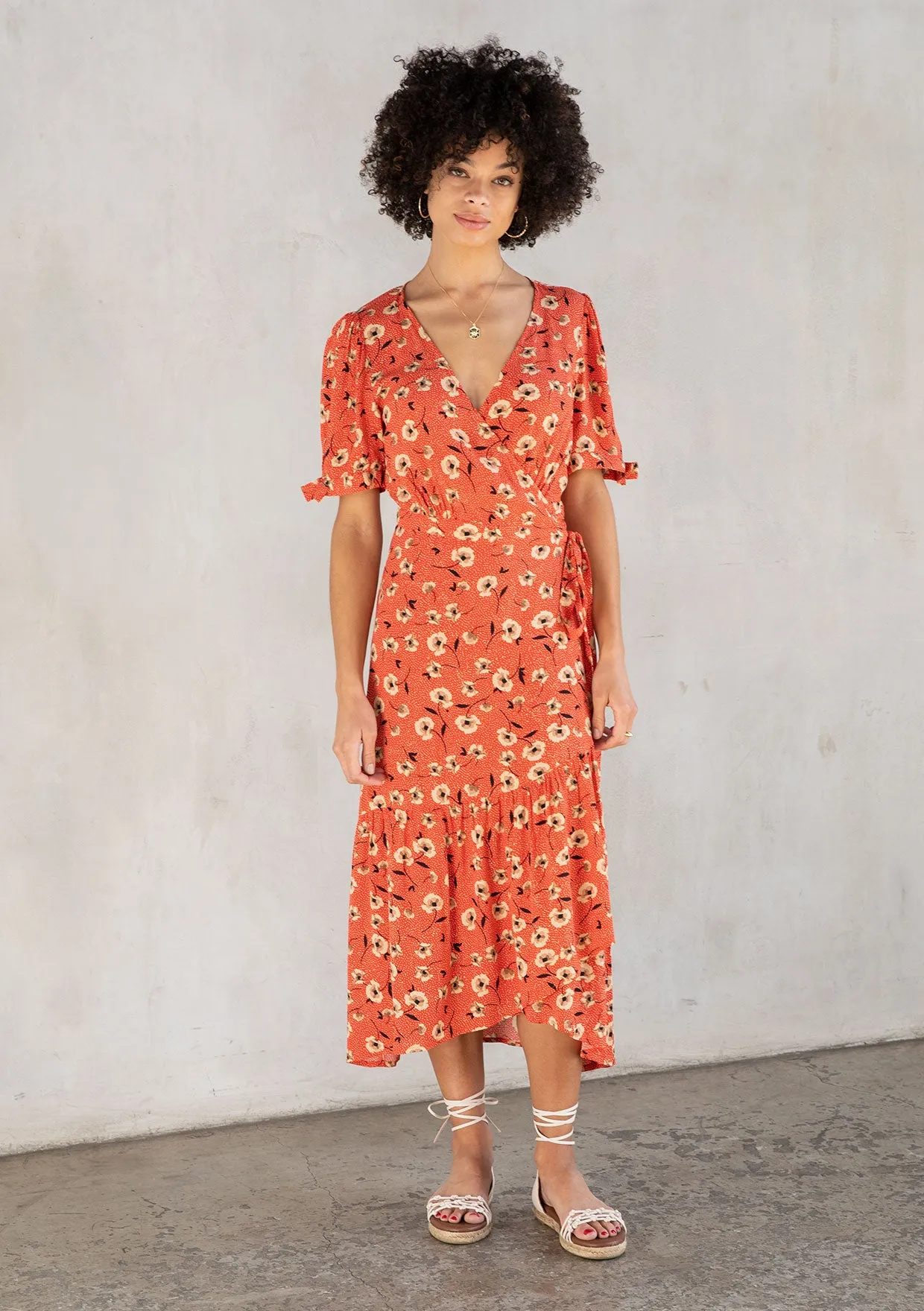 Vibrant Floral Print Short Sleeve Wrap Dress