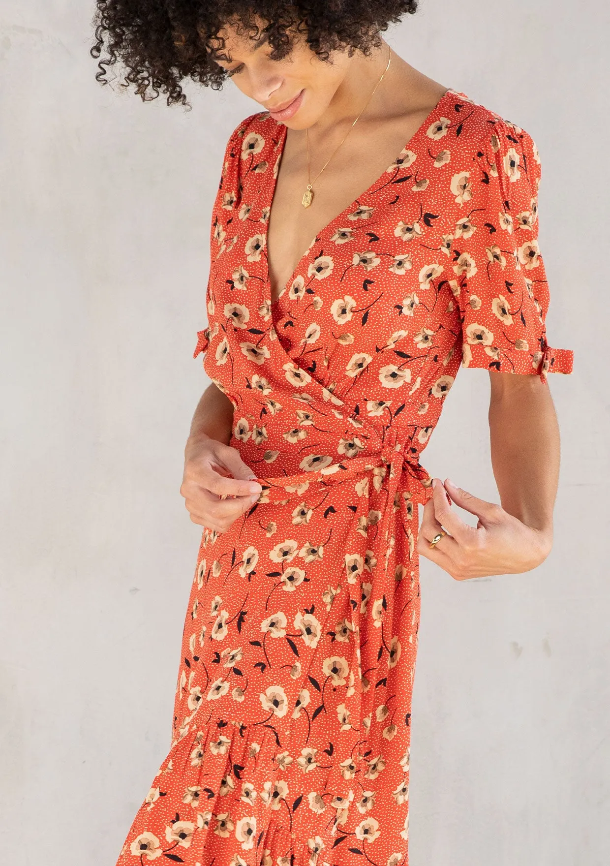 Vibrant Floral Print Short Sleeve Wrap Dress