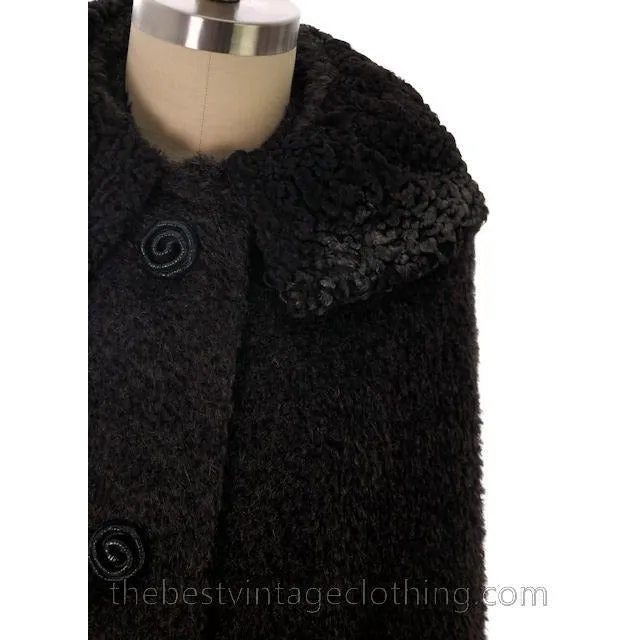 Vintage Swing Cape Coat Charcoal Mohair Persian Lamb  Trim 1940s Berroco One Size