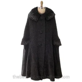 Vintage Swing Cape Coat Charcoal Mohair Persian Lamb  Trim 1940s Berroco One Size