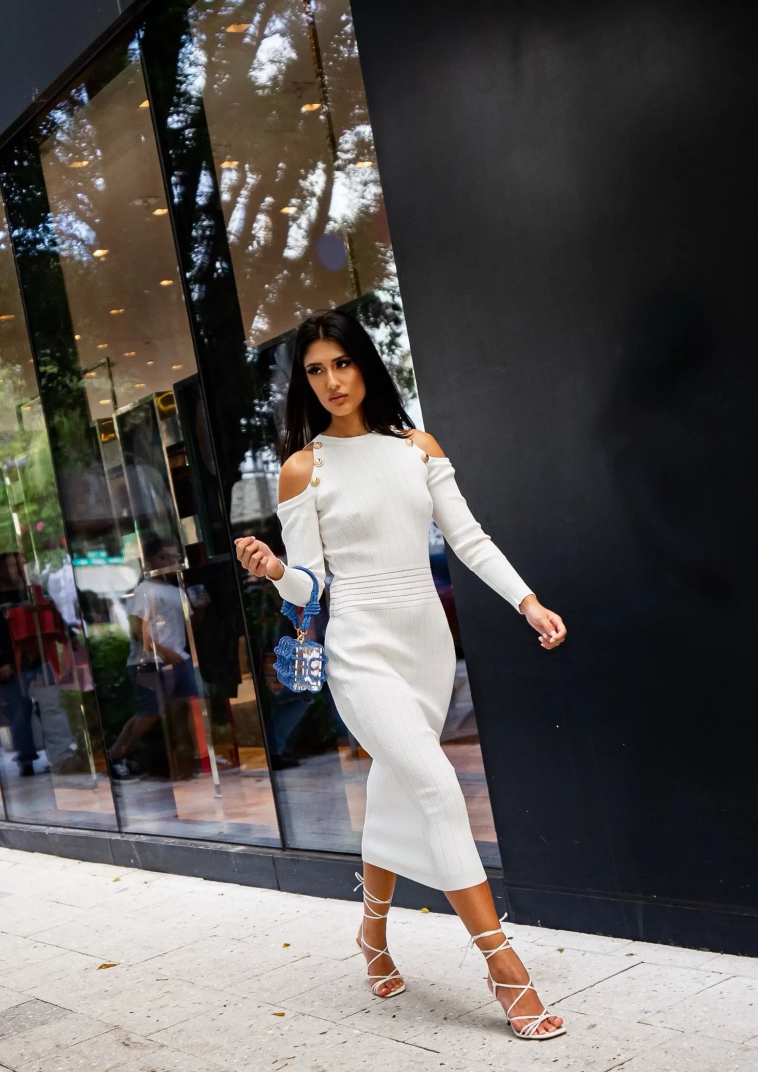 White Midi Dress With Cut Out Shoulder Details