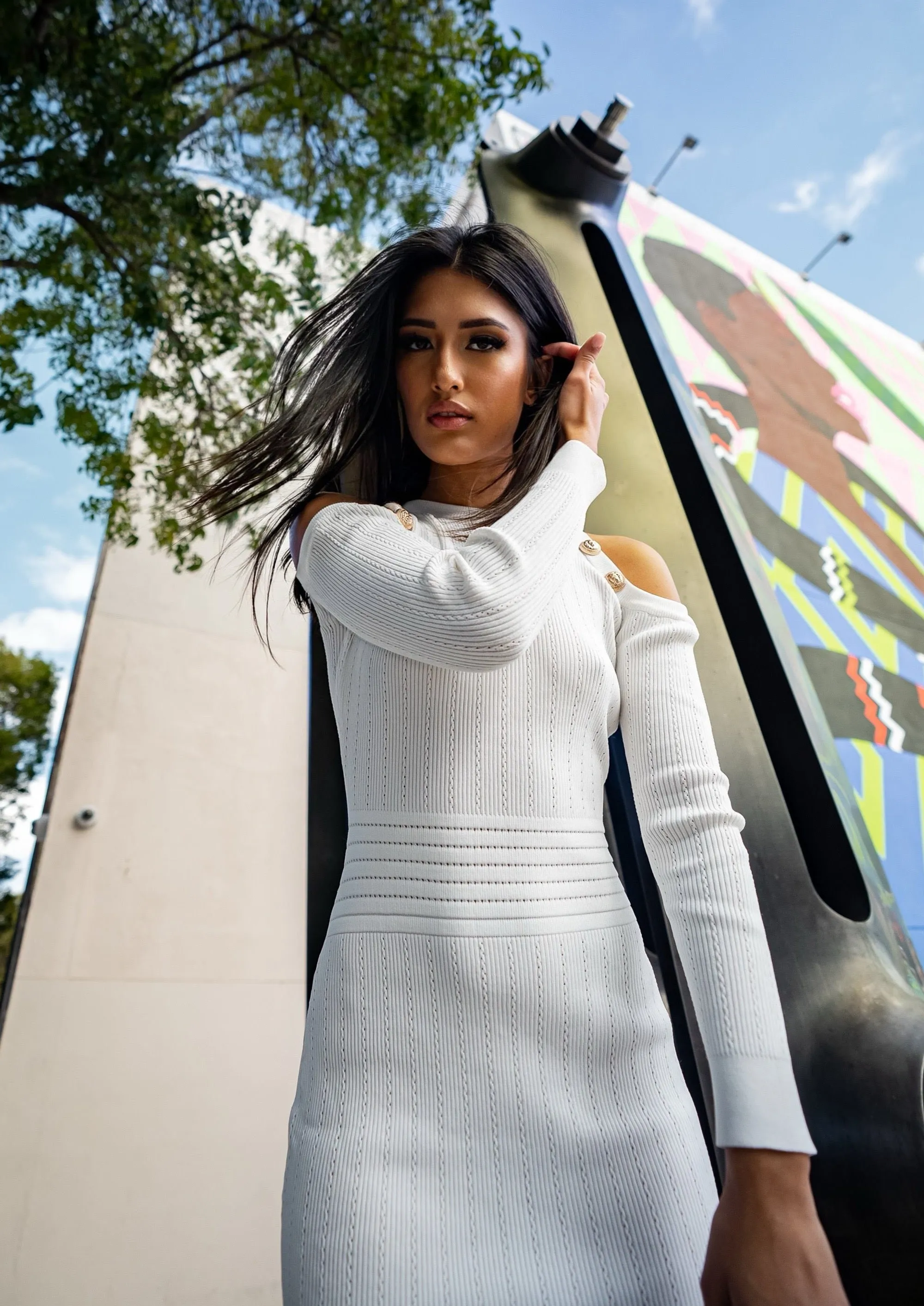 White Midi Dress With Cut Out Shoulder Details