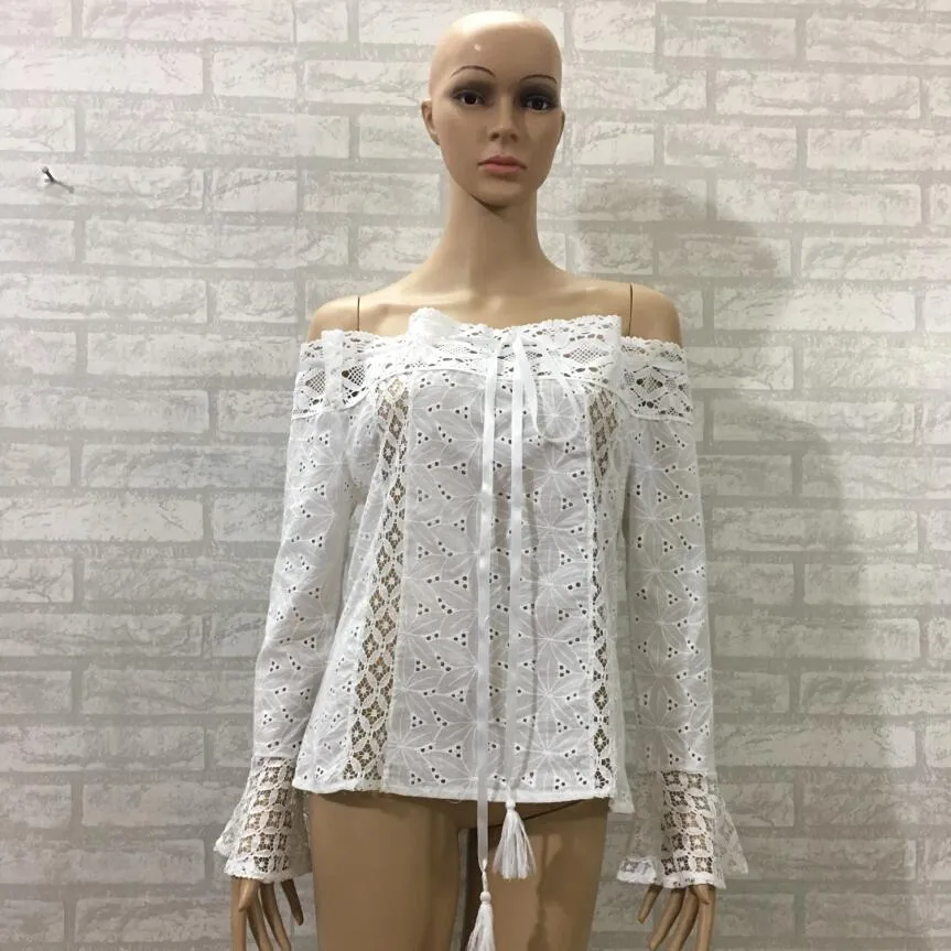 White Off-shoulder Bell Pullover Sleeve Lace Top Tassel Stitching Coat