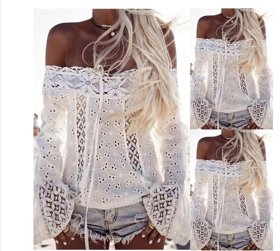 White Off-shoulder Bell Pullover Sleeve Lace Top Tassel Stitching Coat
