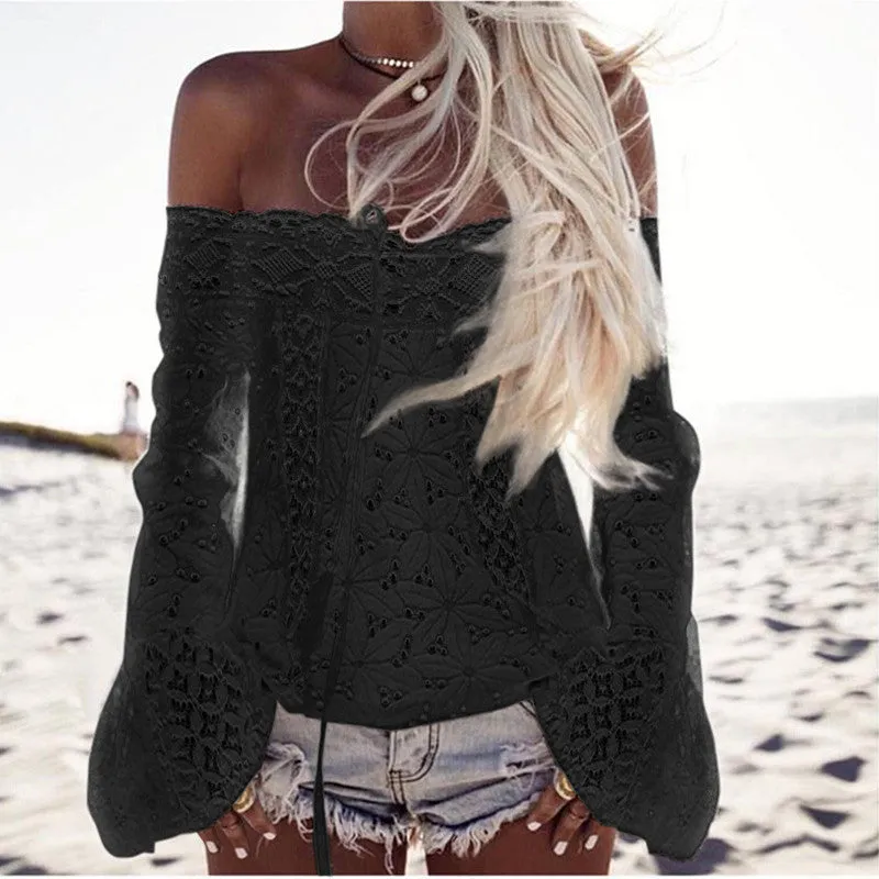 White Off-shoulder Bell Pullover Sleeve Lace Top Tassel Stitching Coat