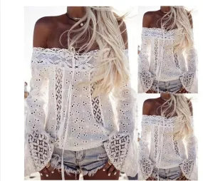 White Off-shoulder Bell Pullover Sleeve Lace Top Tassel Stitching Coat