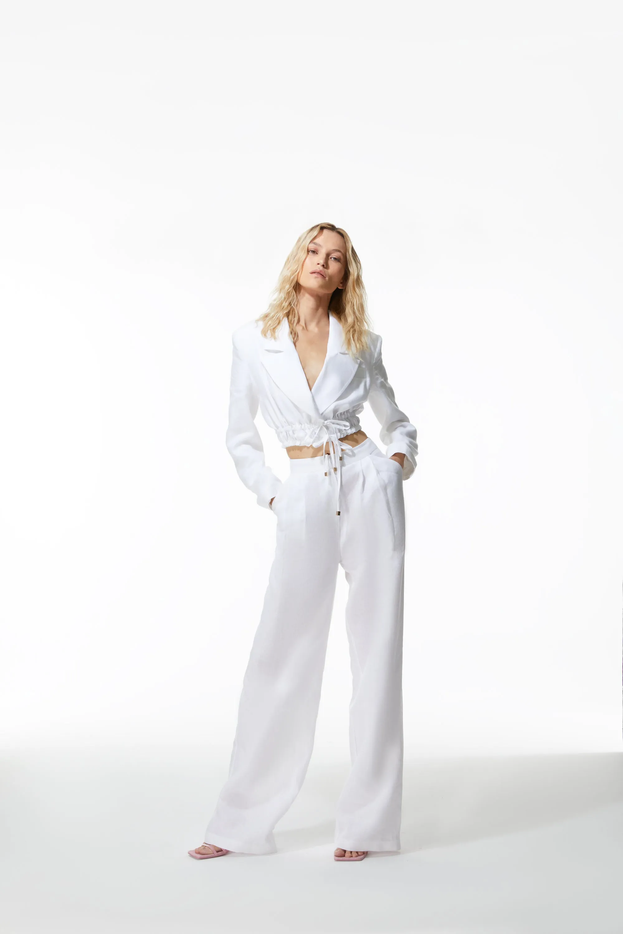 White Tie Detailed Linen Crop Blazer
