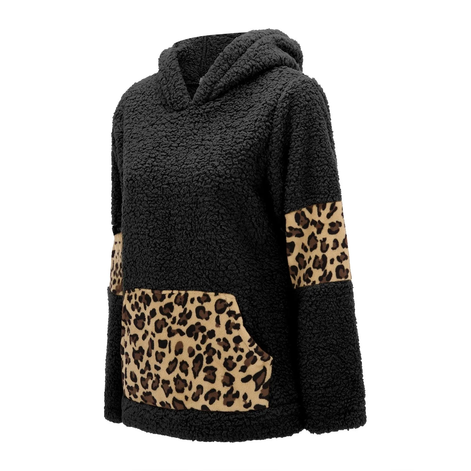 Winter Leisure Leopard Print Pocket Plush Round Neck Pullover