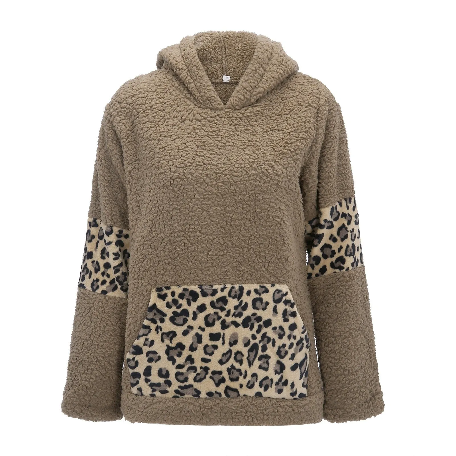 Winter Leisure Leopard Print Pocket Plush Round Neck Pullover