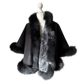 Women Black Cape short Woolen blend and trim arctic fox fur