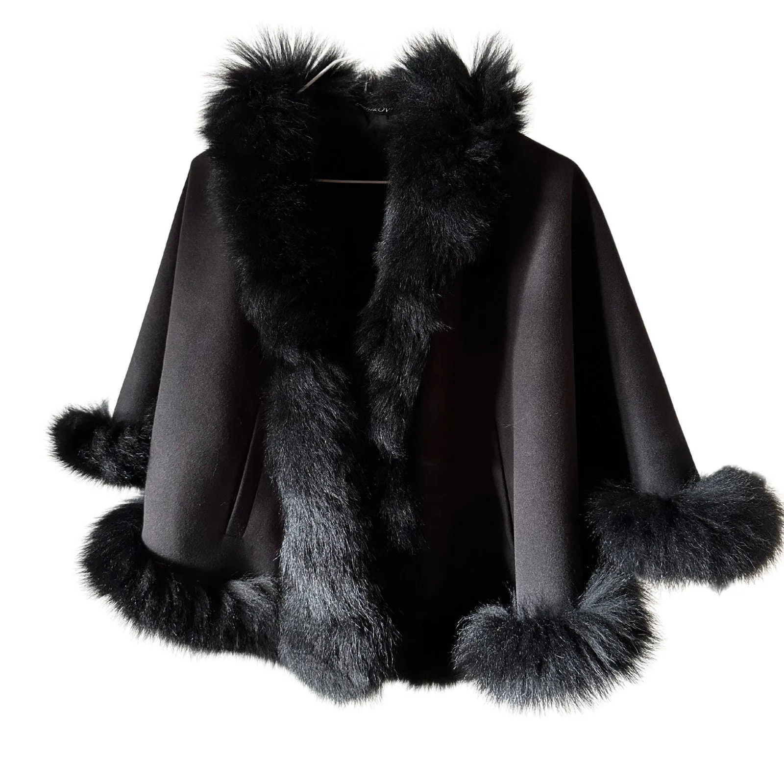 Women Black Cape short Woolen blend and trim arctic fox fur