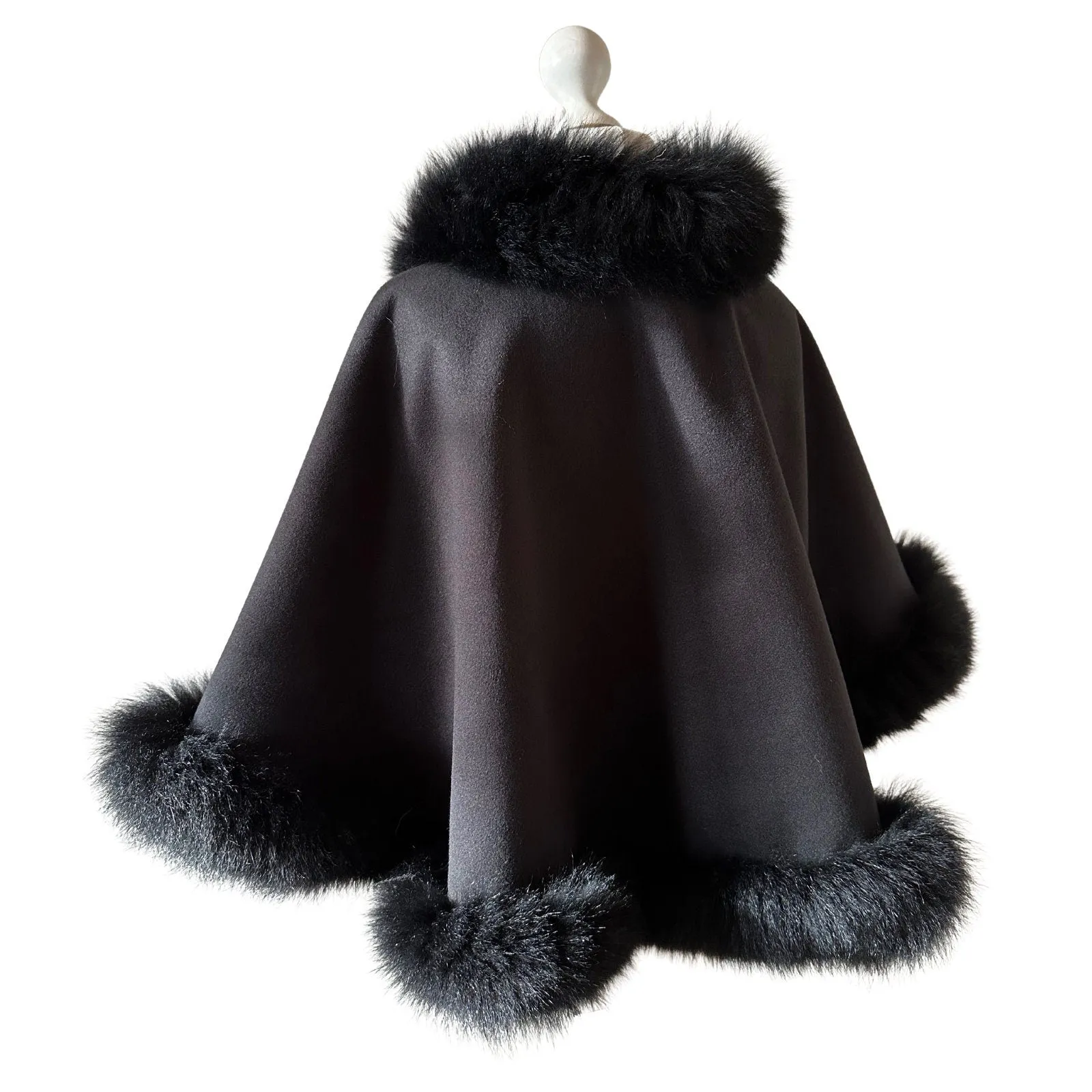 Women Black Cape short Woolen blend and trim arctic fox fur