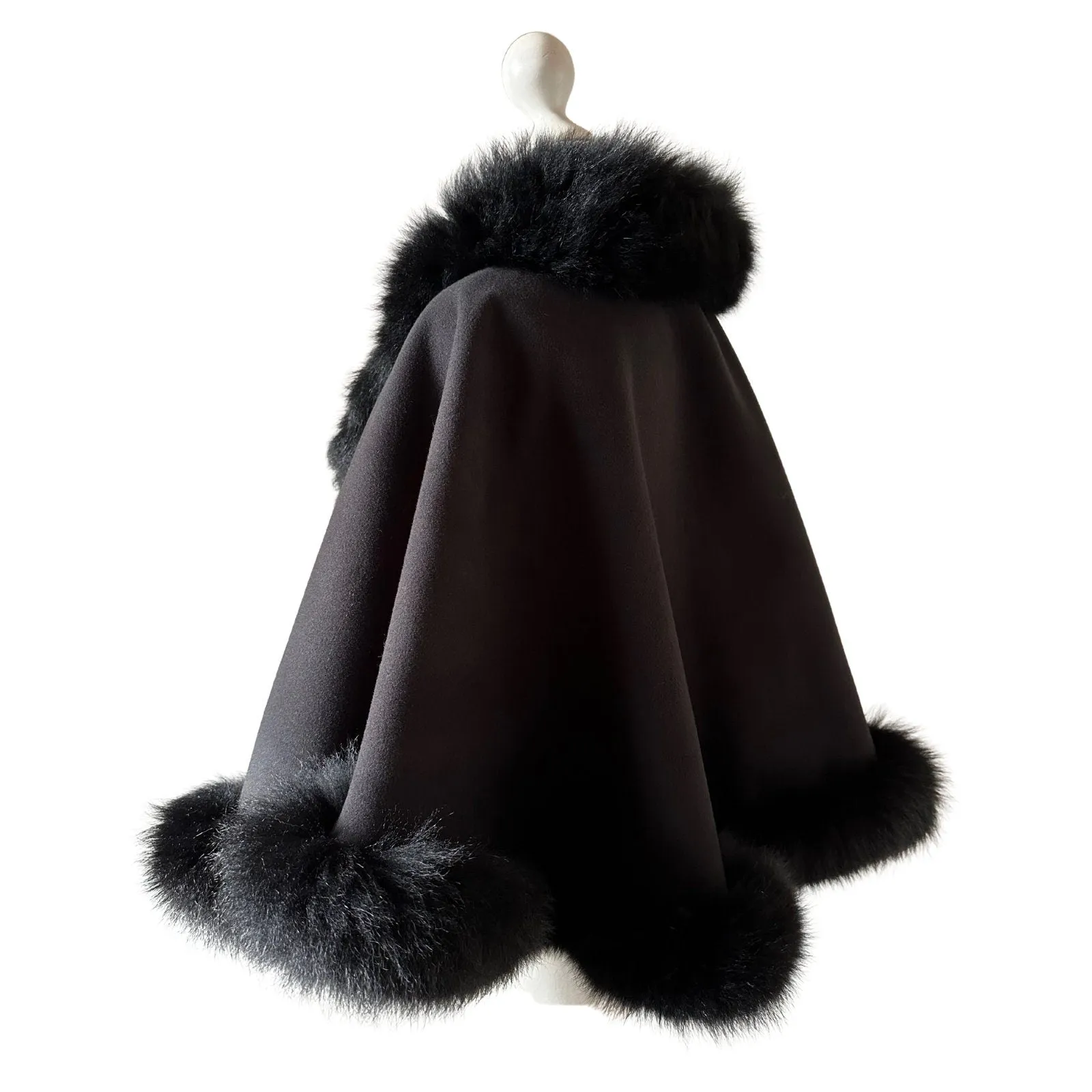 Women Black Cape short Woolen blend and trim arctic fox fur