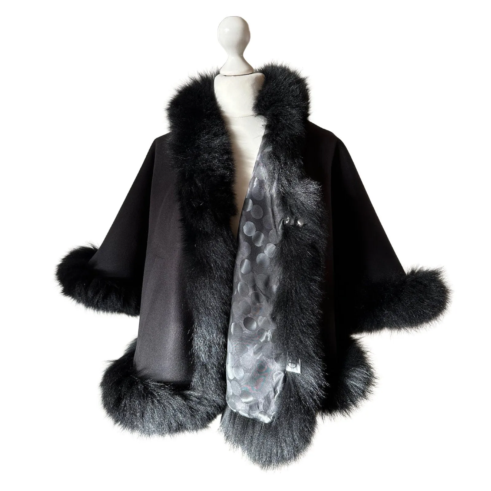 Women Black Cape short Woolen blend and trim arctic fox fur