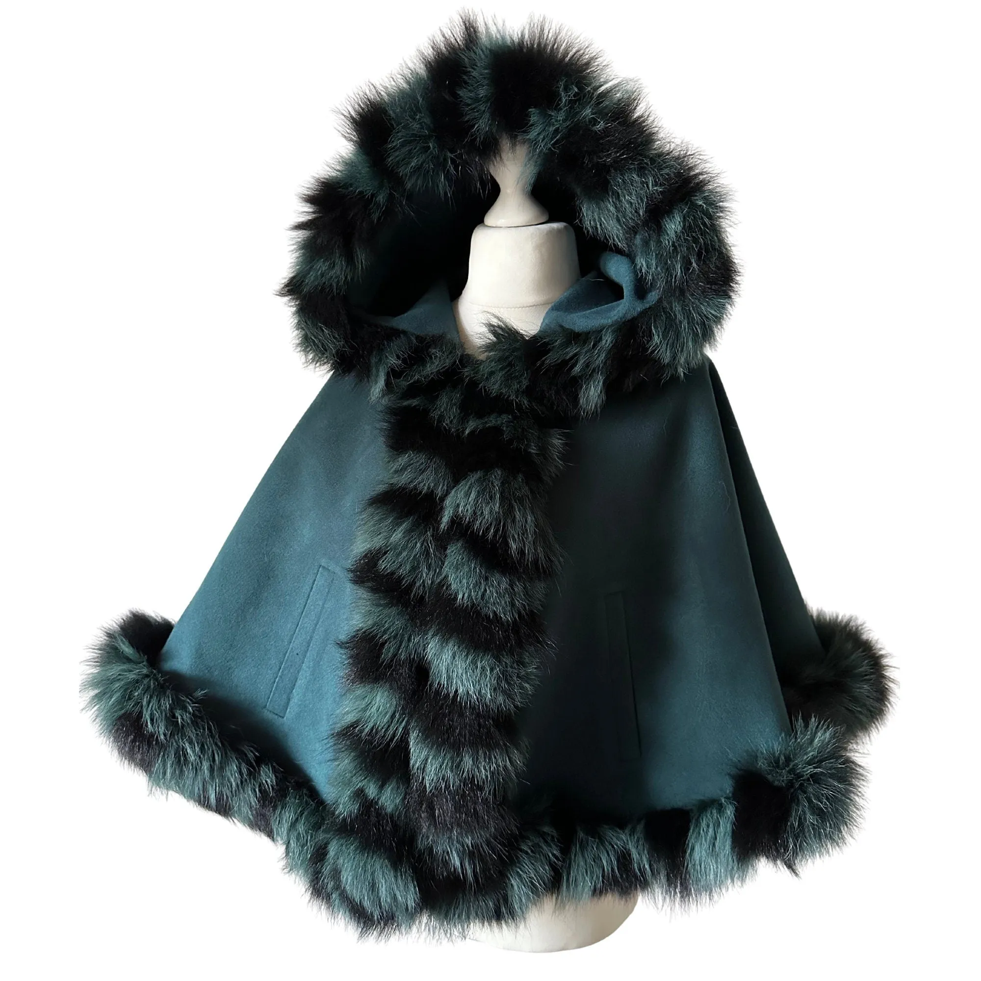 Women Green Cape short with hood trim arctic fox fur