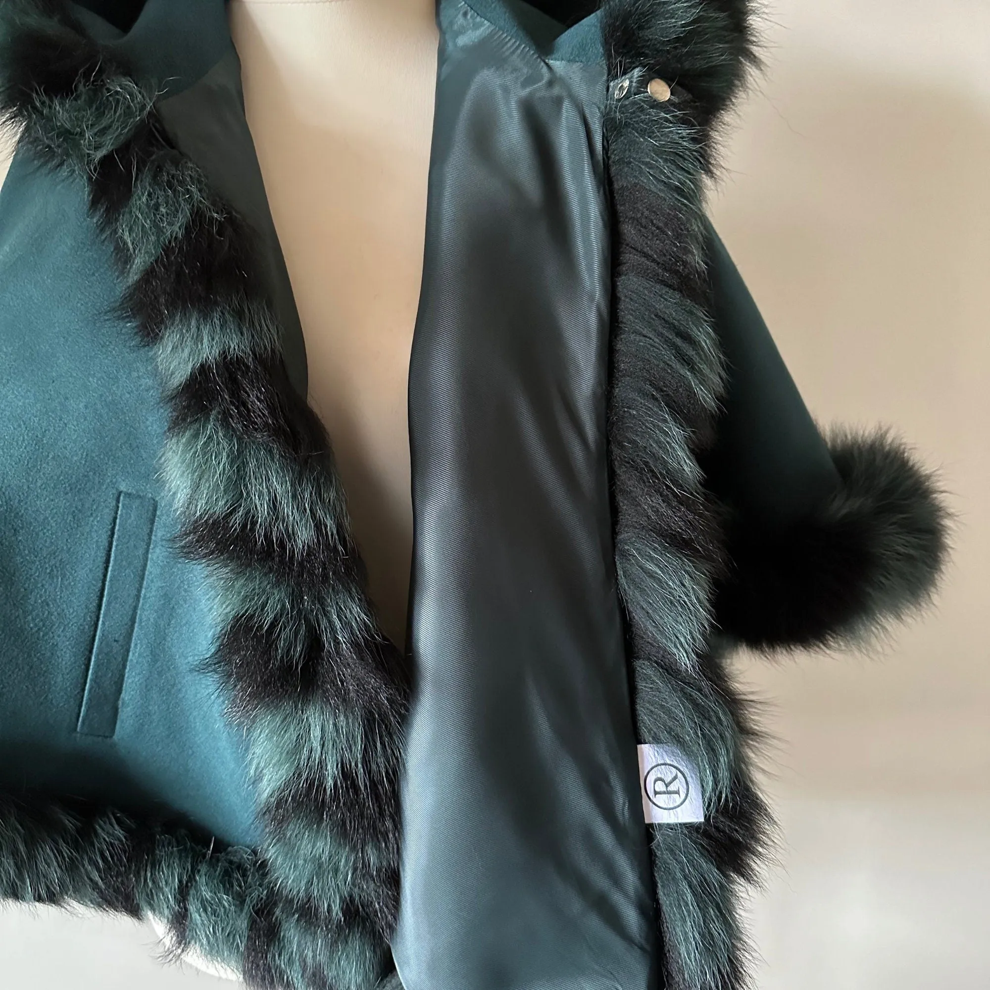 Women Green Cape short with hood trim arctic fox fur