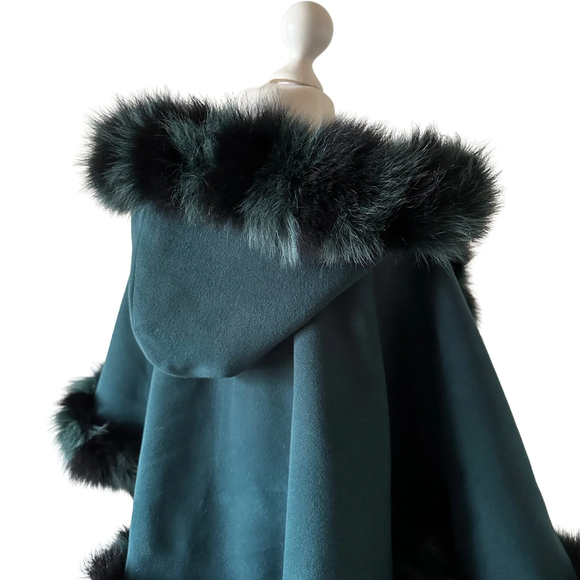 Women Green Cape short with hood trim arctic fox fur