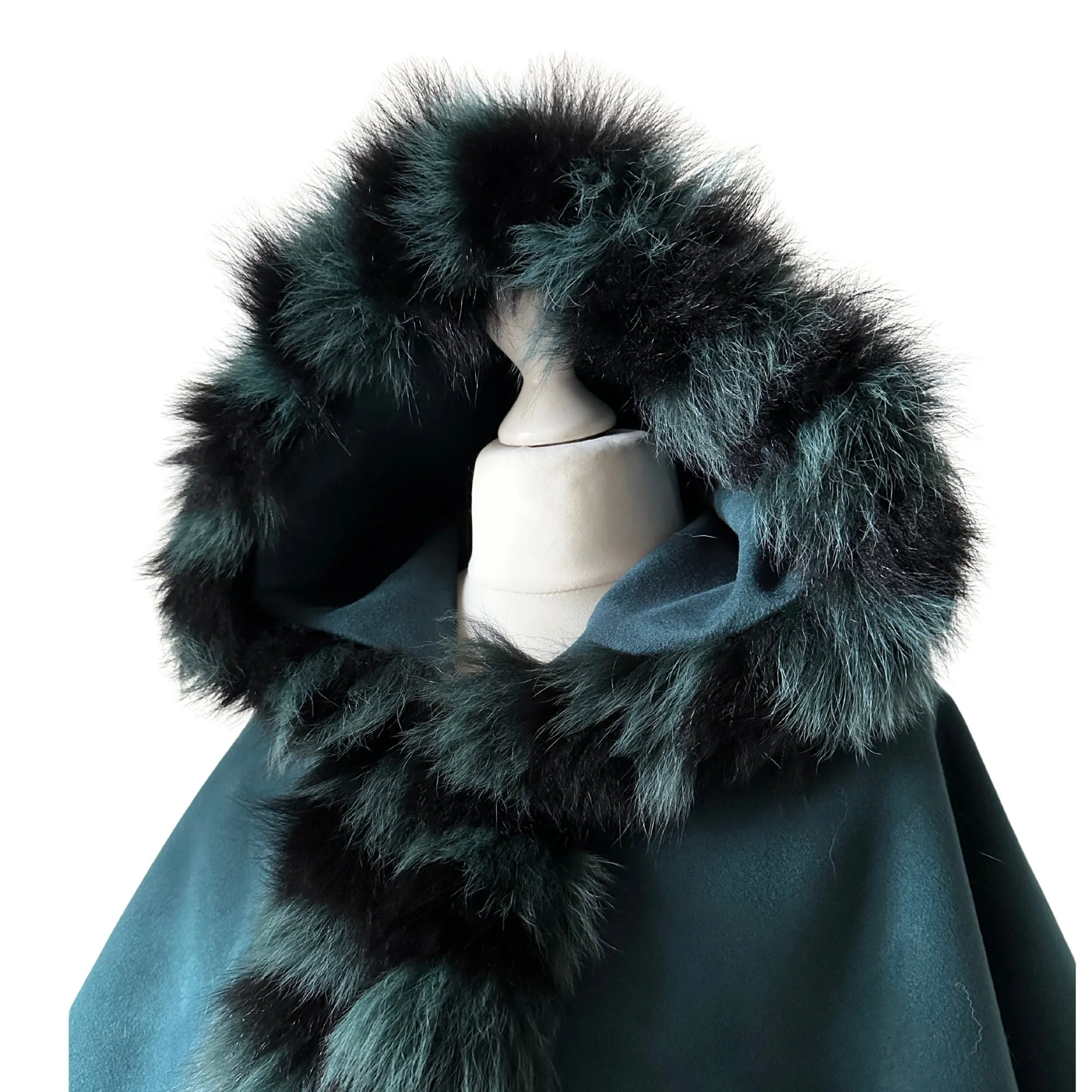 Women Green Cape short with hood trim arctic fox fur