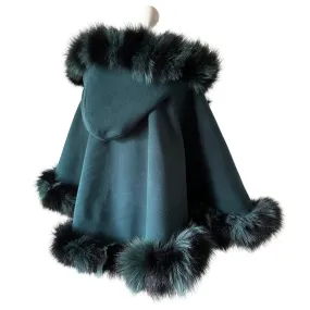 Women Green Cape short with hood trim arctic fox fur