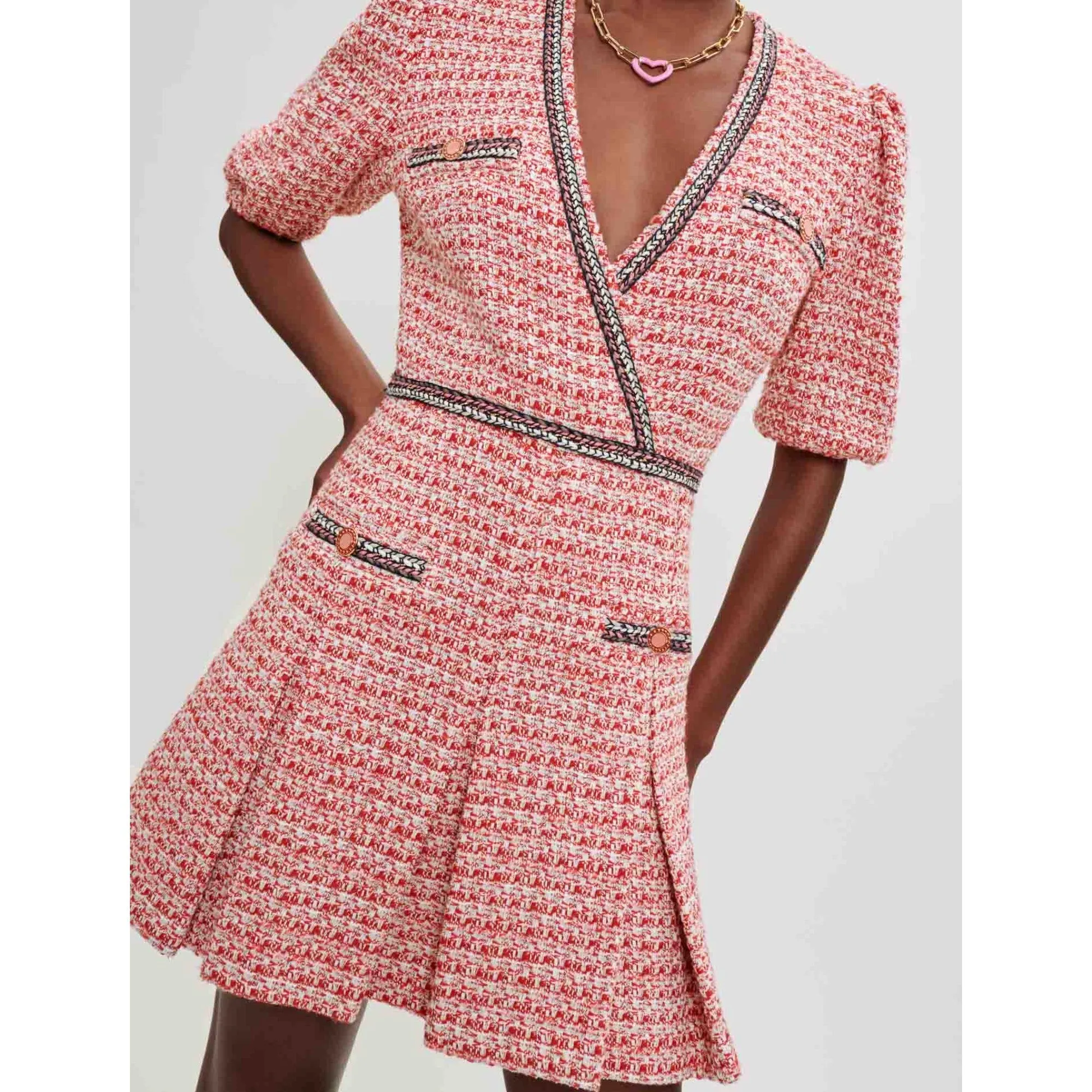 Women Tweed Dress With Ethnic Trim - Pink