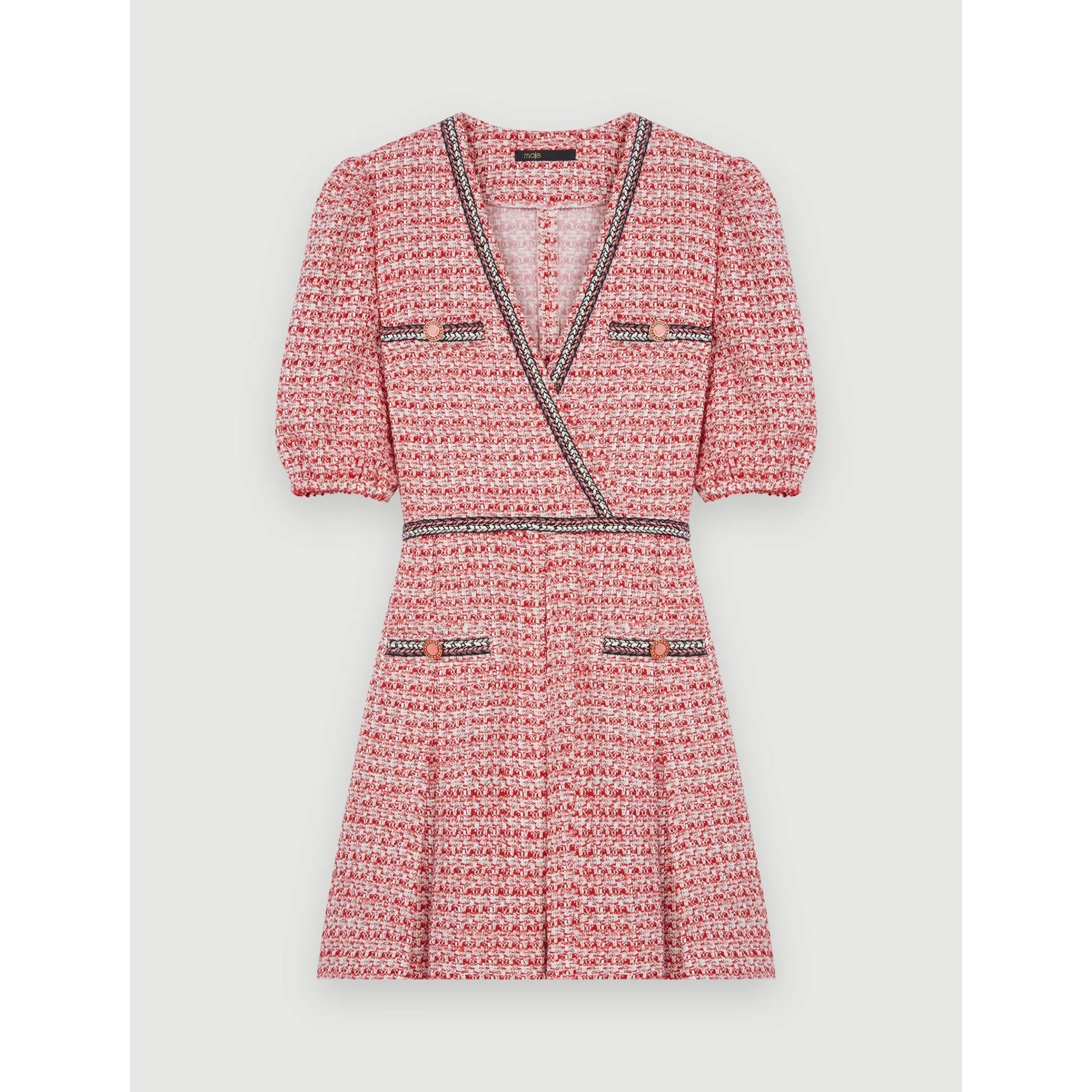 Women Tweed Dress With Ethnic Trim - Pink