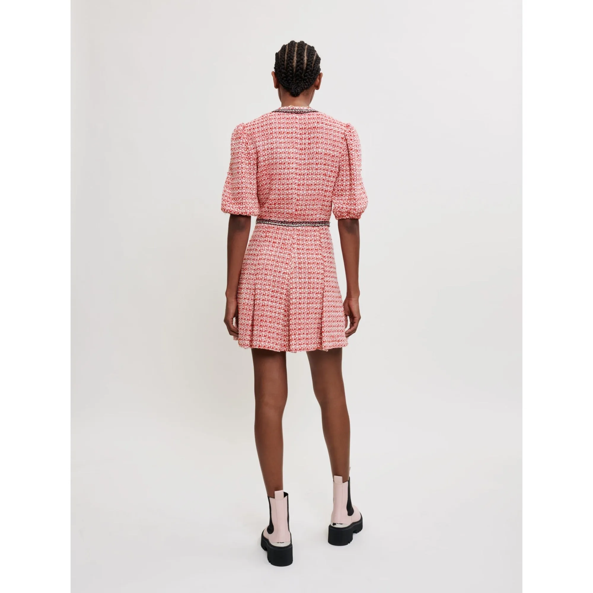 Women Tweed Dress With Ethnic Trim - Pink