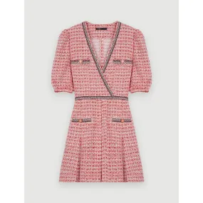 Women Tweed Dress With Ethnic Trim - Pink
