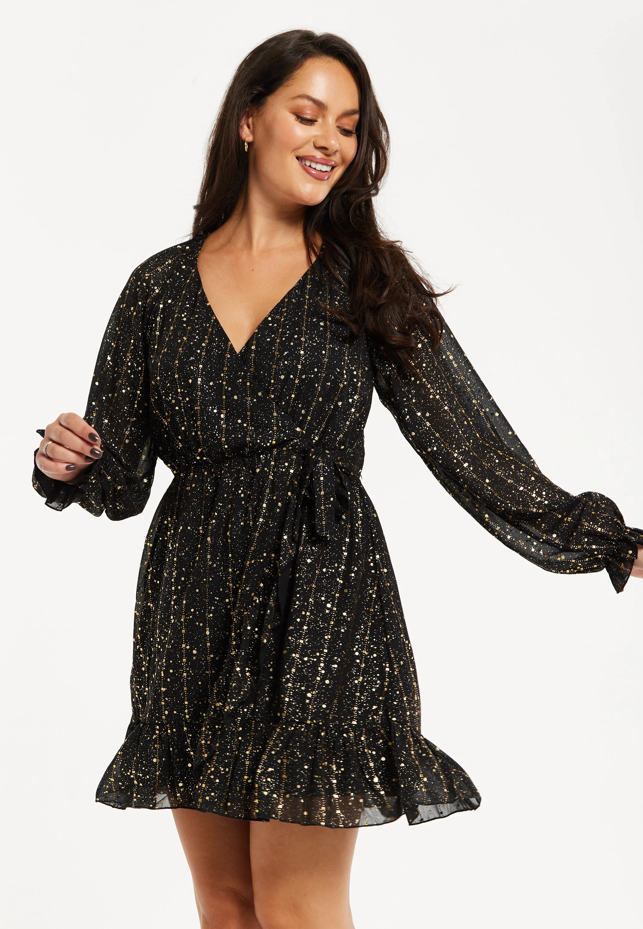 Women's Mini Dress with Long Sleeves in Gold Chiffon - Stylish Wrap Design, Perfect for Any Occasion - Liquorish