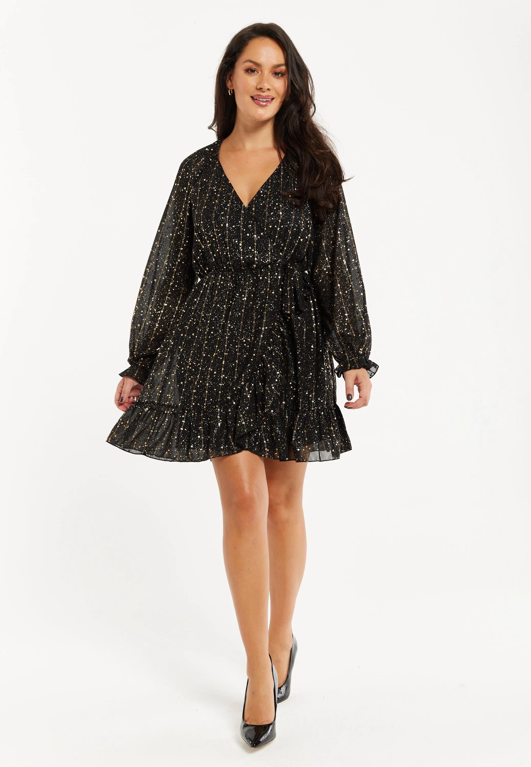 Women's Mini Dress with Long Sleeves in Gold Chiffon - Stylish Wrap Design, Perfect for Any Occasion - Liquorish