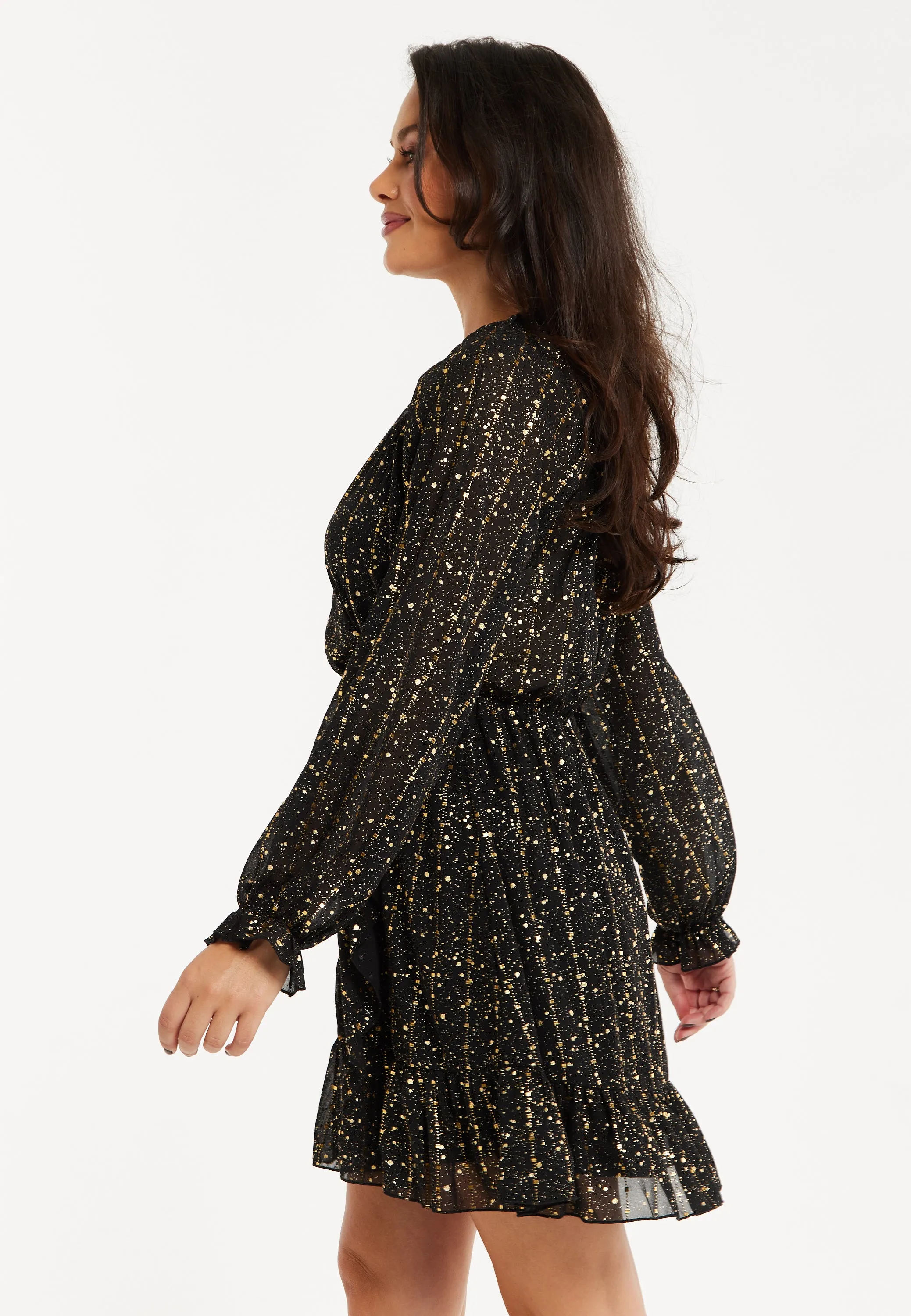 Women's Mini Dress with Long Sleeves in Gold Chiffon - Stylish Wrap Design, Perfect for Any Occasion - Liquorish