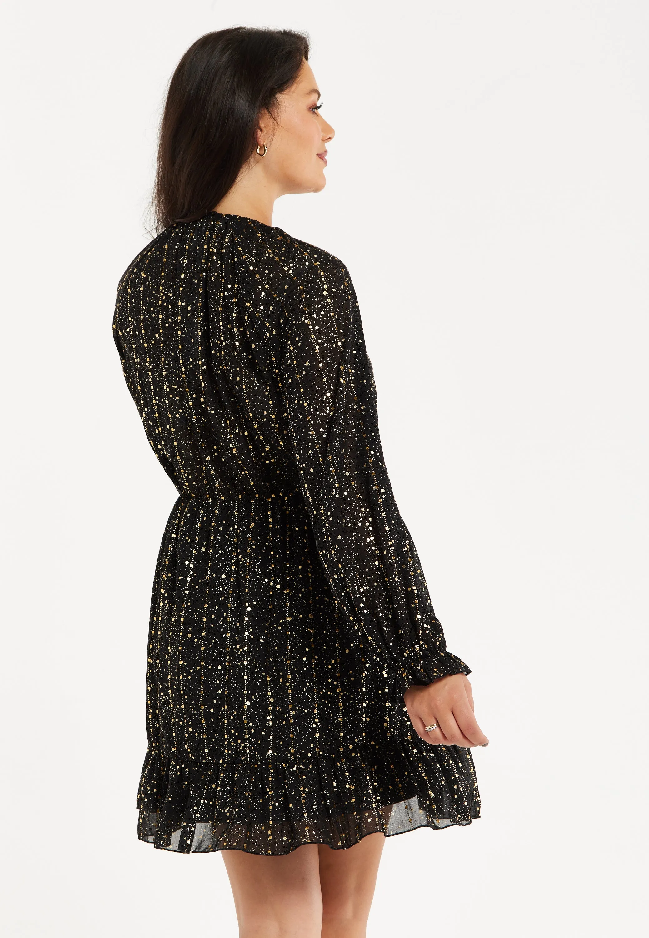 Women's Mini Dress with Long Sleeves in Gold Chiffon - Stylish Wrap Design, Perfect for Any Occasion - Liquorish