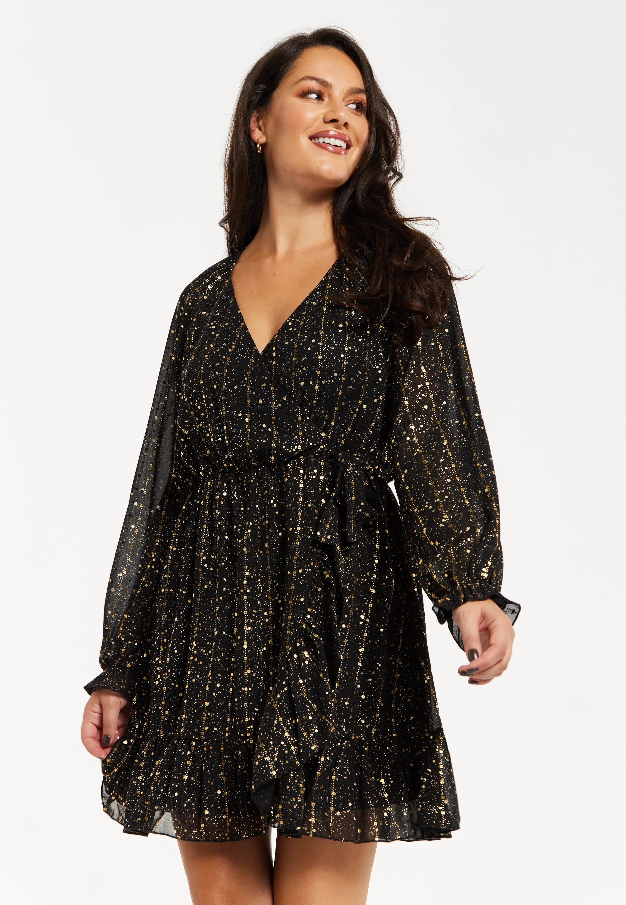 Women's Mini Dress with Long Sleeves in Gold Chiffon - Stylish Wrap Design, Perfect for Any Occasion - Liquorish