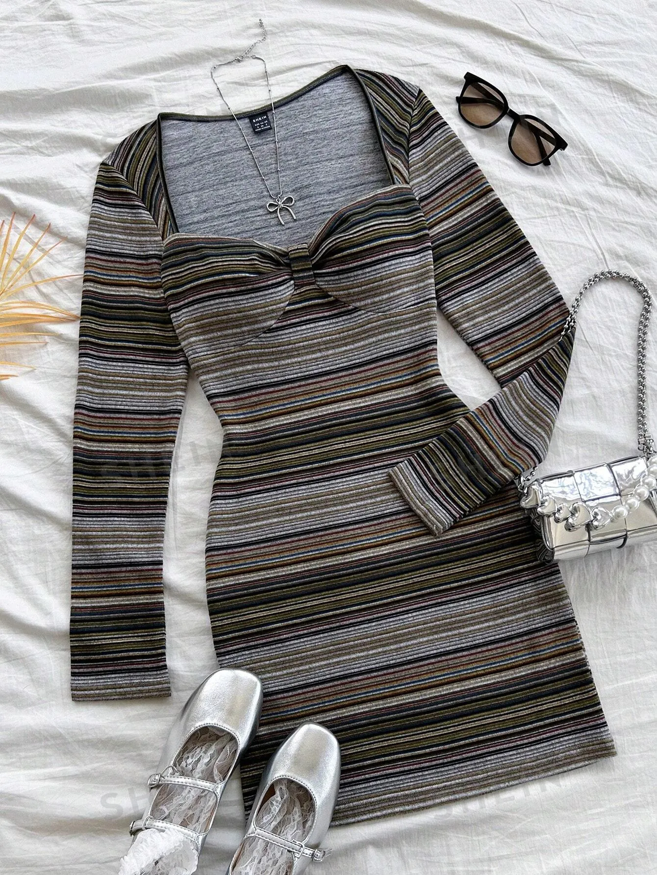 WYWH Women's Resort Black & White Striped Textured Knit Fabric Long Sleeve Fitted Mini Dress, Fashion Autumn Winter Outer Wear & Layering
