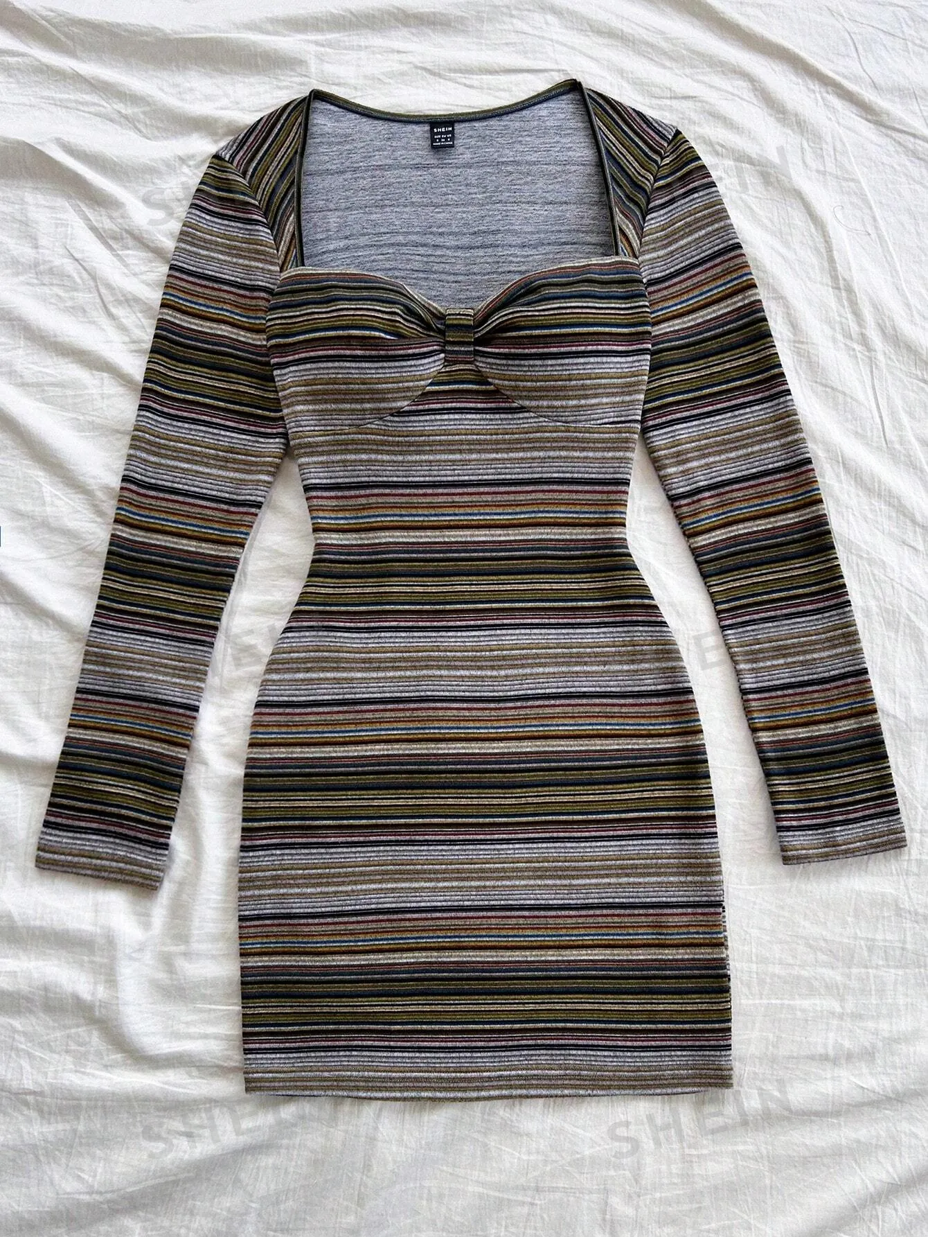 WYWH Women's Resort Black & White Striped Textured Knit Fabric Long Sleeve Fitted Mini Dress, Fashion Autumn Winter Outer Wear & Layering