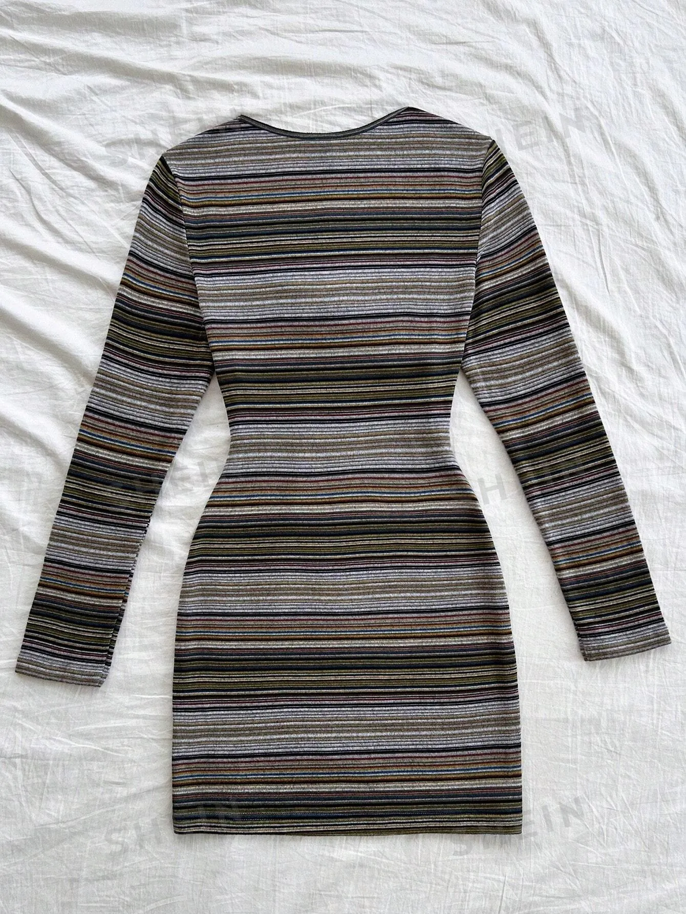 WYWH Women's Resort Black & White Striped Textured Knit Fabric Long Sleeve Fitted Mini Dress, Fashion Autumn Winter Outer Wear & Layering
