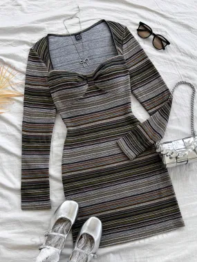 WYWH Women's Resort Black & White Striped Textured Knit Fabric Long Sleeve Fitted Mini Dress, Fashion Autumn Winter Outer Wear & Layering