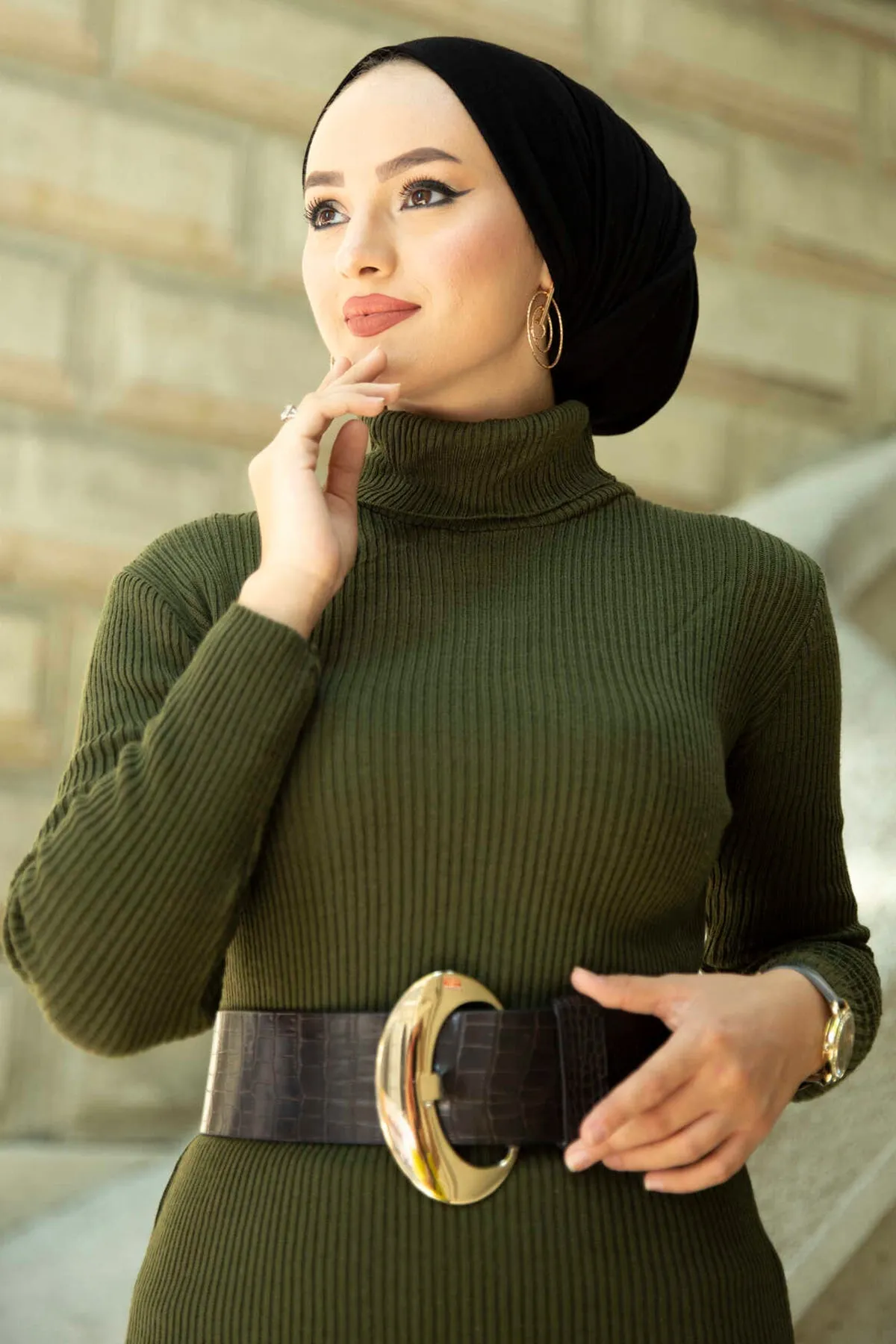 ZRF Women Polo Neck Knit Dress - Khaki - Ankeny